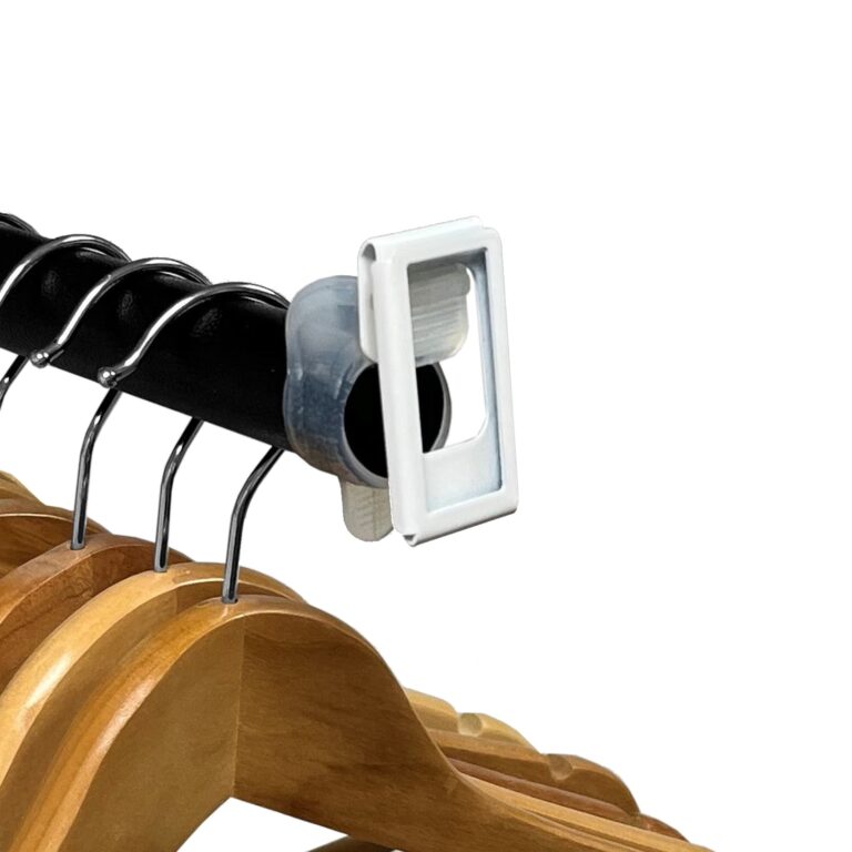 Small White Metal Graphic Holder on Clothes Rail