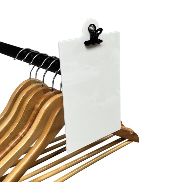 White HIPS Clipboard on Clothes Rail