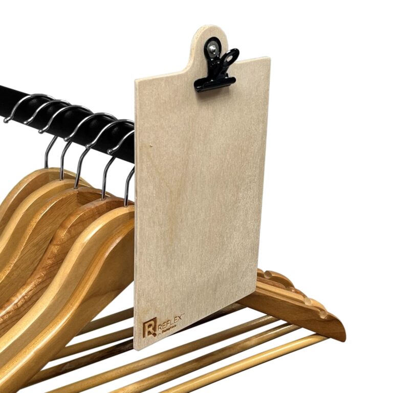 Etched plywood clipboard on clothes rail